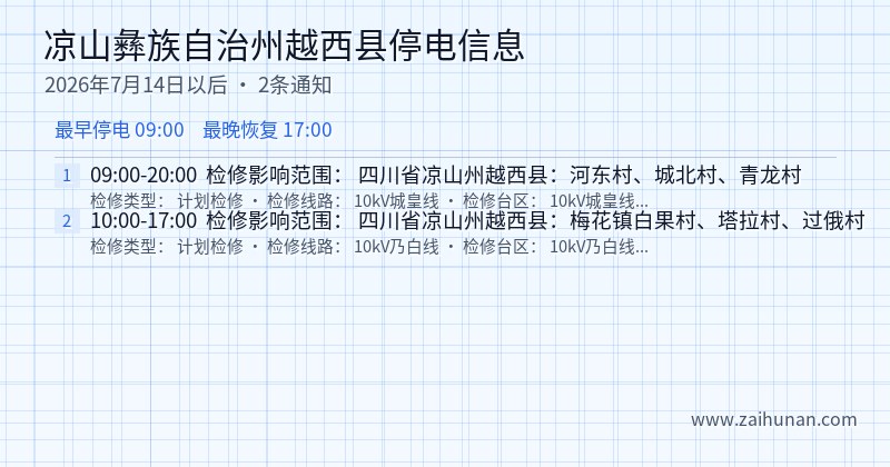 凉山彝族自治州越西县停电通知