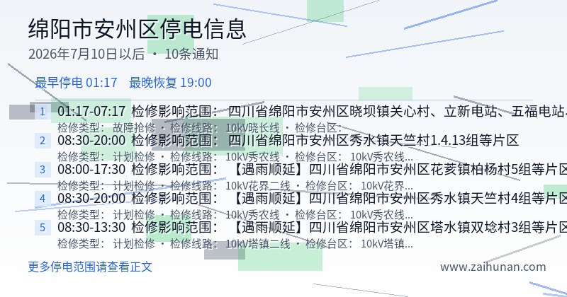 绵阳市安州区停电通知