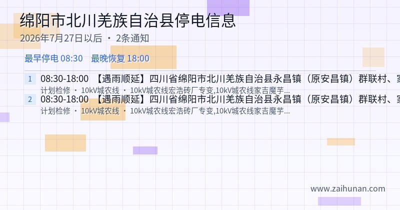 绵阳市北川羌族自治县停电通知