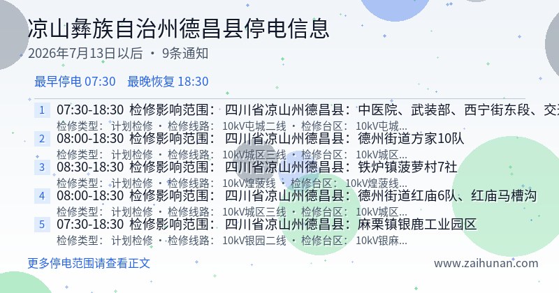 凉山彝族自治州德昌县停电通知