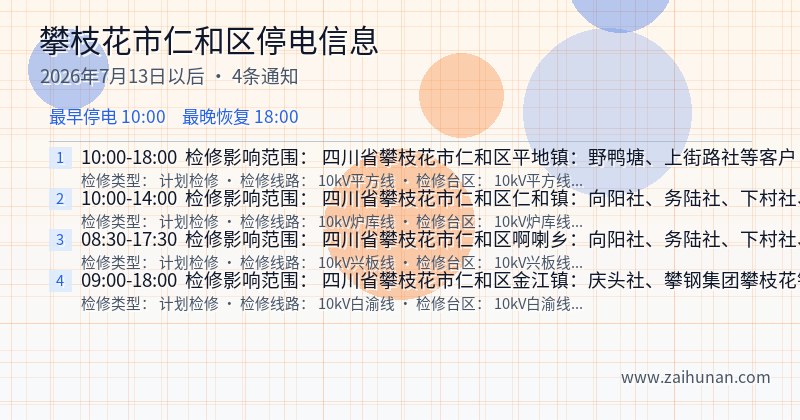 攀枝花市仁和区停电通知