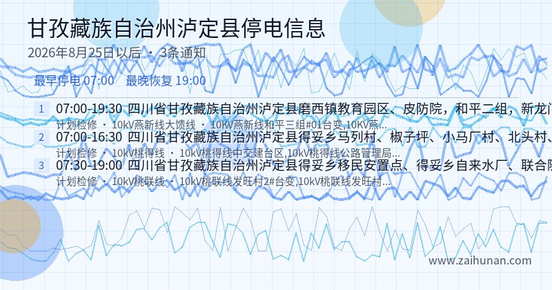 甘孜藏族自治州泸定县停电通知