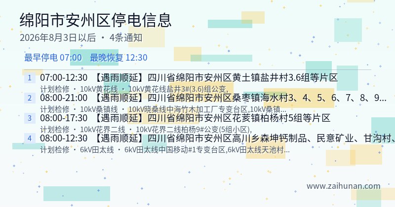 绵阳市安州区停电通知