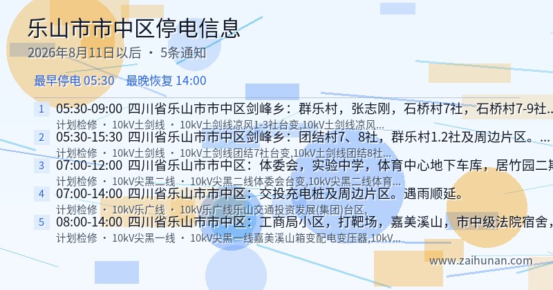 乐山市市中区停电通知