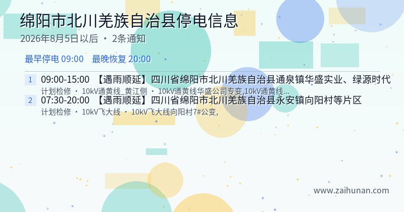 绵阳市北川羌族自治县停电通知