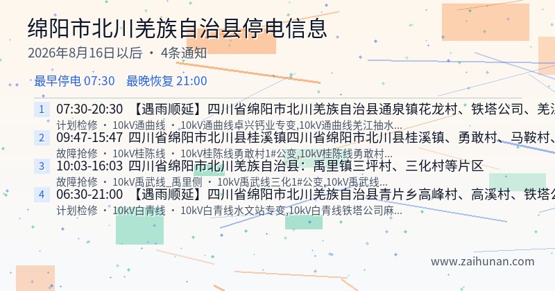 绵阳市北川羌族自治县停电通知