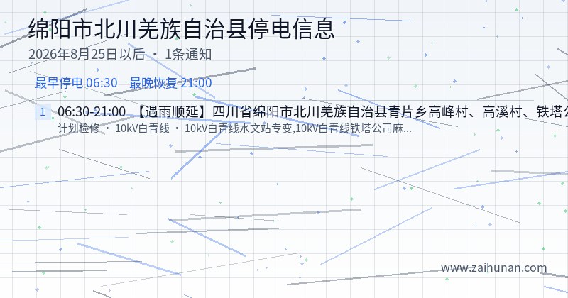 绵阳市北川羌族自治县停电通知