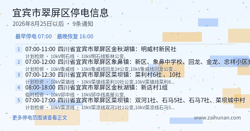 宜宾市翠屏区停电通知