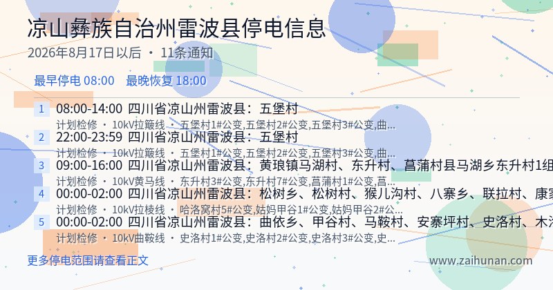 凉山彝族自治州雷波县停电通知