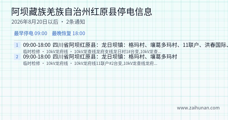 阿坝藏族羌族自治州红原县停电通知