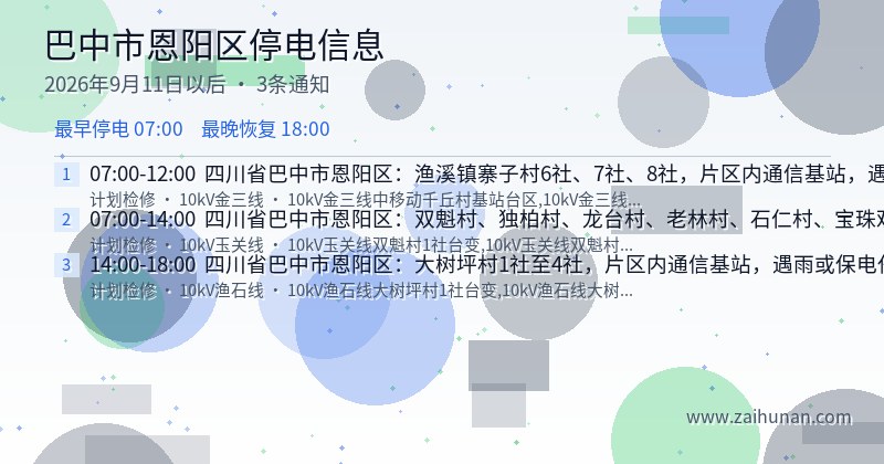 巴中市恩阳区停电通知