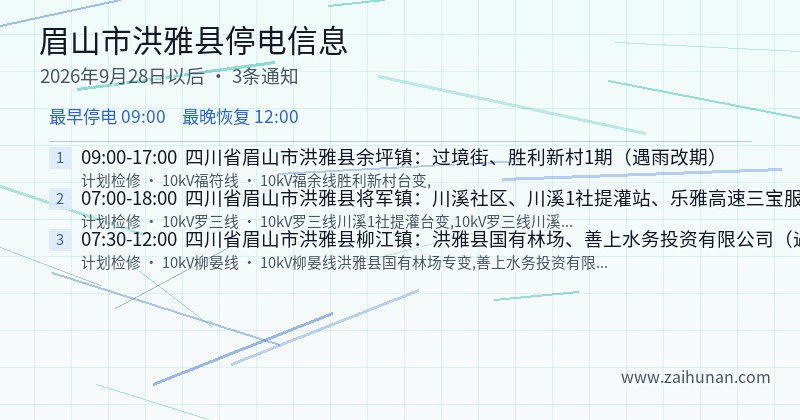 眉山市洪雅县停电通知