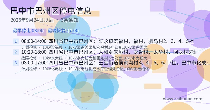 巴中市巴州区停电通知