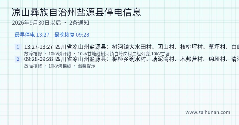 凉山彝族自治州盐源县停电通知