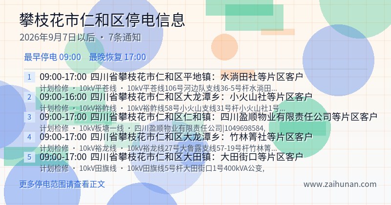 攀枝花市仁和区停电通知