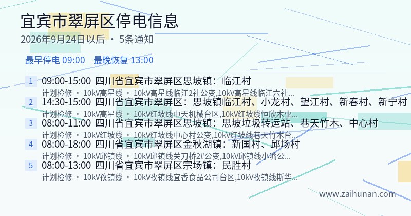 宜宾市翠屏区停电通知