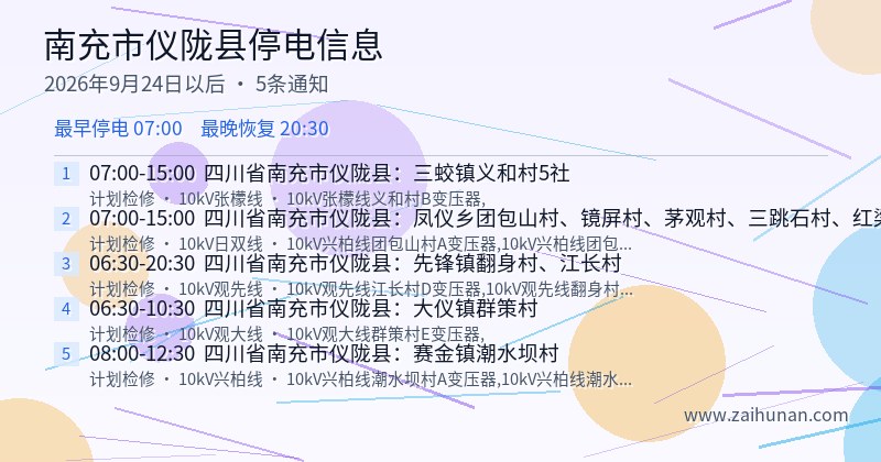 南充市仪陇县停电通知