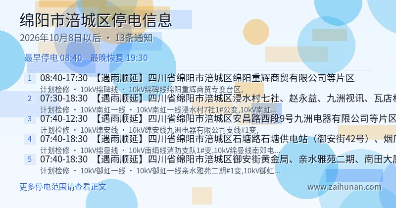 绵阳市涪城区停电通知