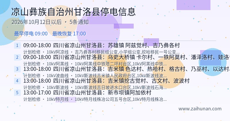 凉山彝族自治州甘洛县停电通知