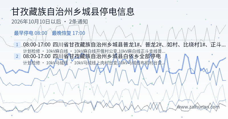 甘孜藏族自治州乡城县停电通知