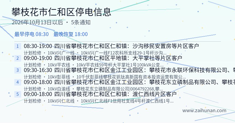 攀枝花市仁和区停电通知