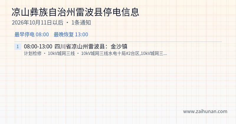 凉山彝族自治州雷波县停电通知