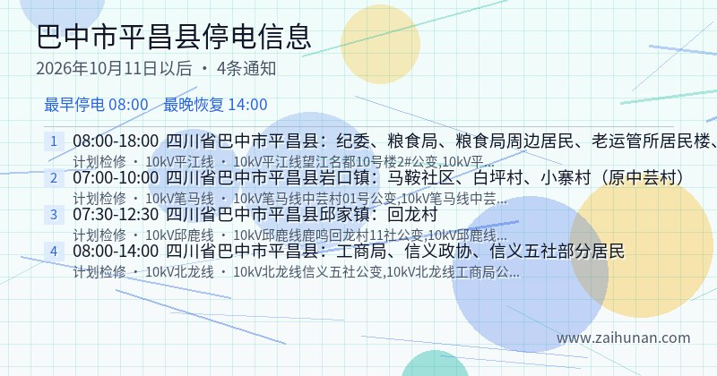 巴中市平昌县停电通知
