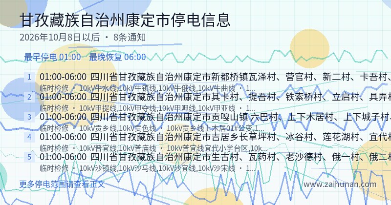 甘孜藏族自治州康定市停电通知