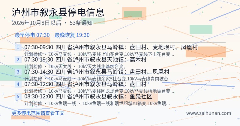 泸州市叙永县停电通知